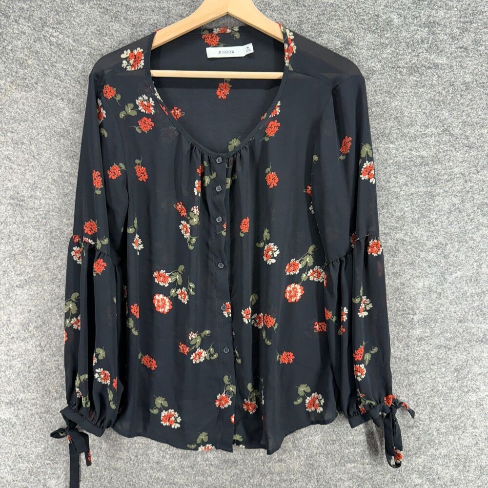 Justfab Button Up Top Women M Medium Black Floral Long Sleeve V-Neck Casual